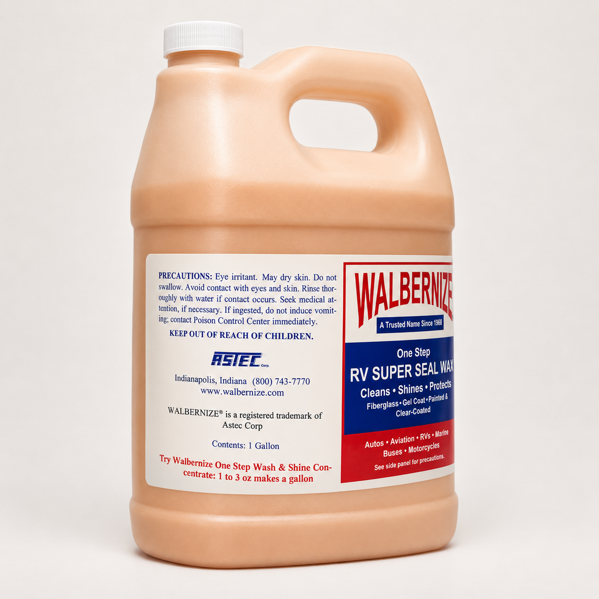 Walbernize RV Super Seal Wax 1-gallon bottle showing back label with directions and cautions
