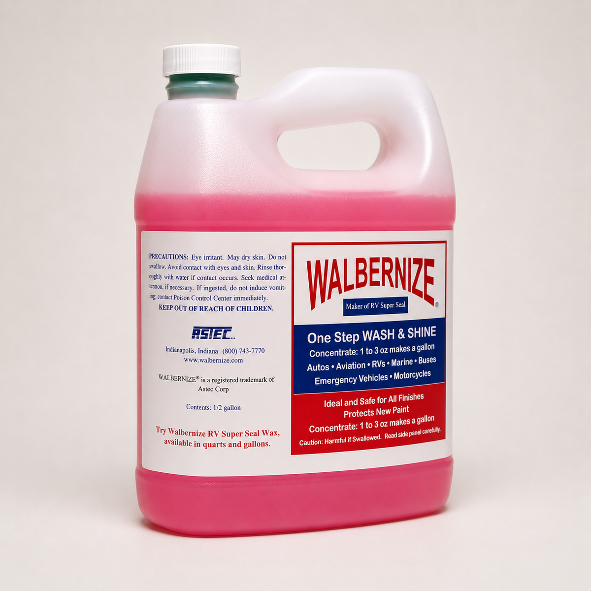 Walbernize One Step Wash & Shine 1/2 gallon bottle showing back label with directions and cautions