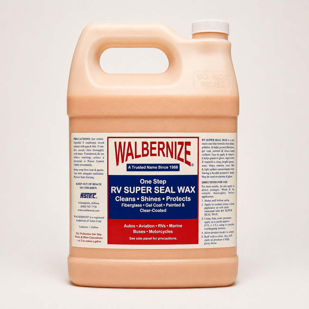 Walbernize RV Super Seal Wax 1-gallon bottle for clear-coated RV, marine and automotive surfaces