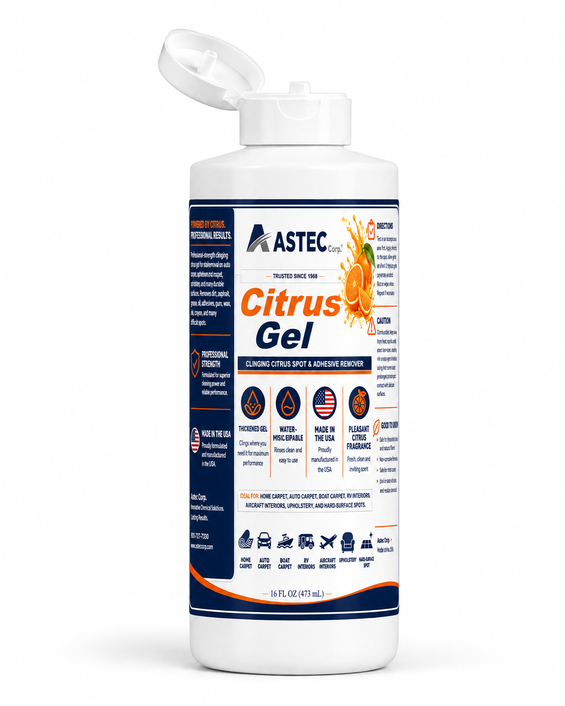 Astec Citrus Gel 16 oz bottle showing the back label with directions and product information