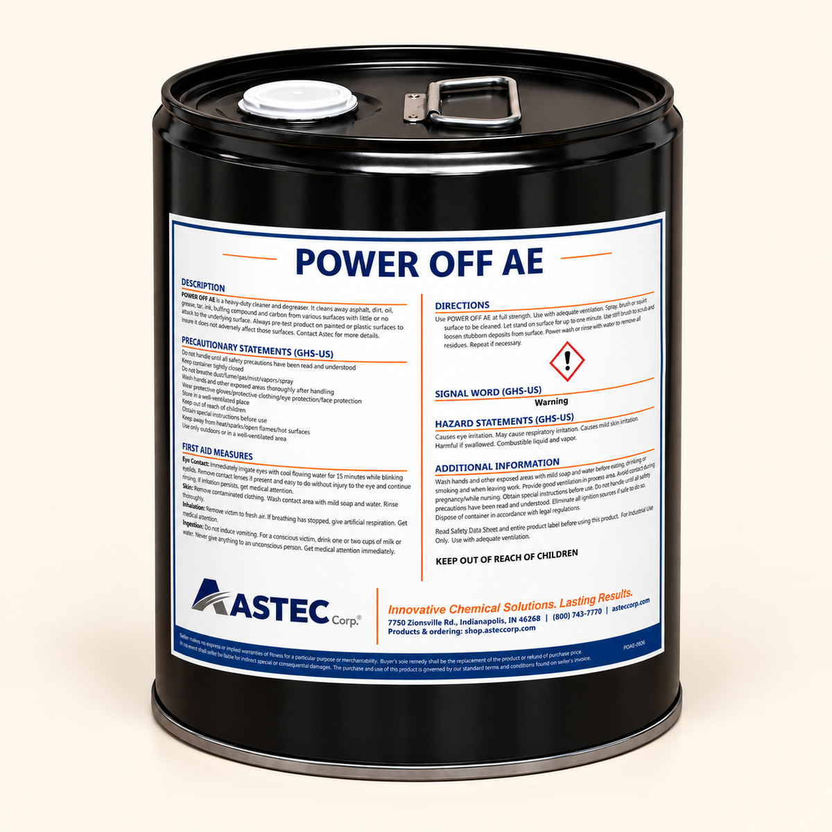 Astec Power Off AE asphalt and petroleum residue cleaner in 5-gallon steel pail