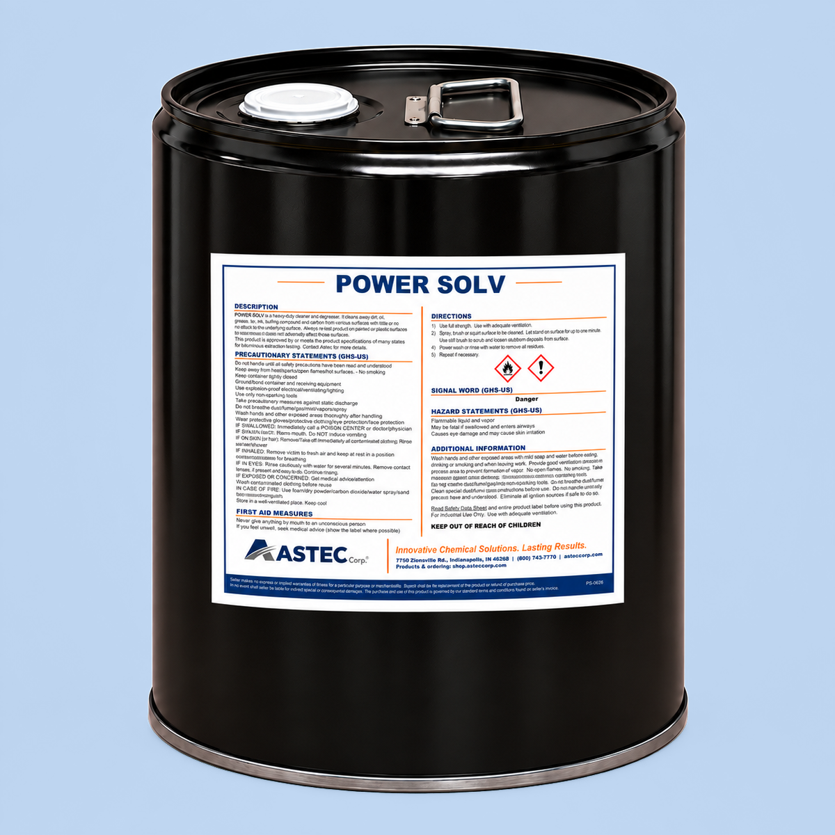 Astec Power Solv asphalt extraction solvent in 5-gallon steel pail