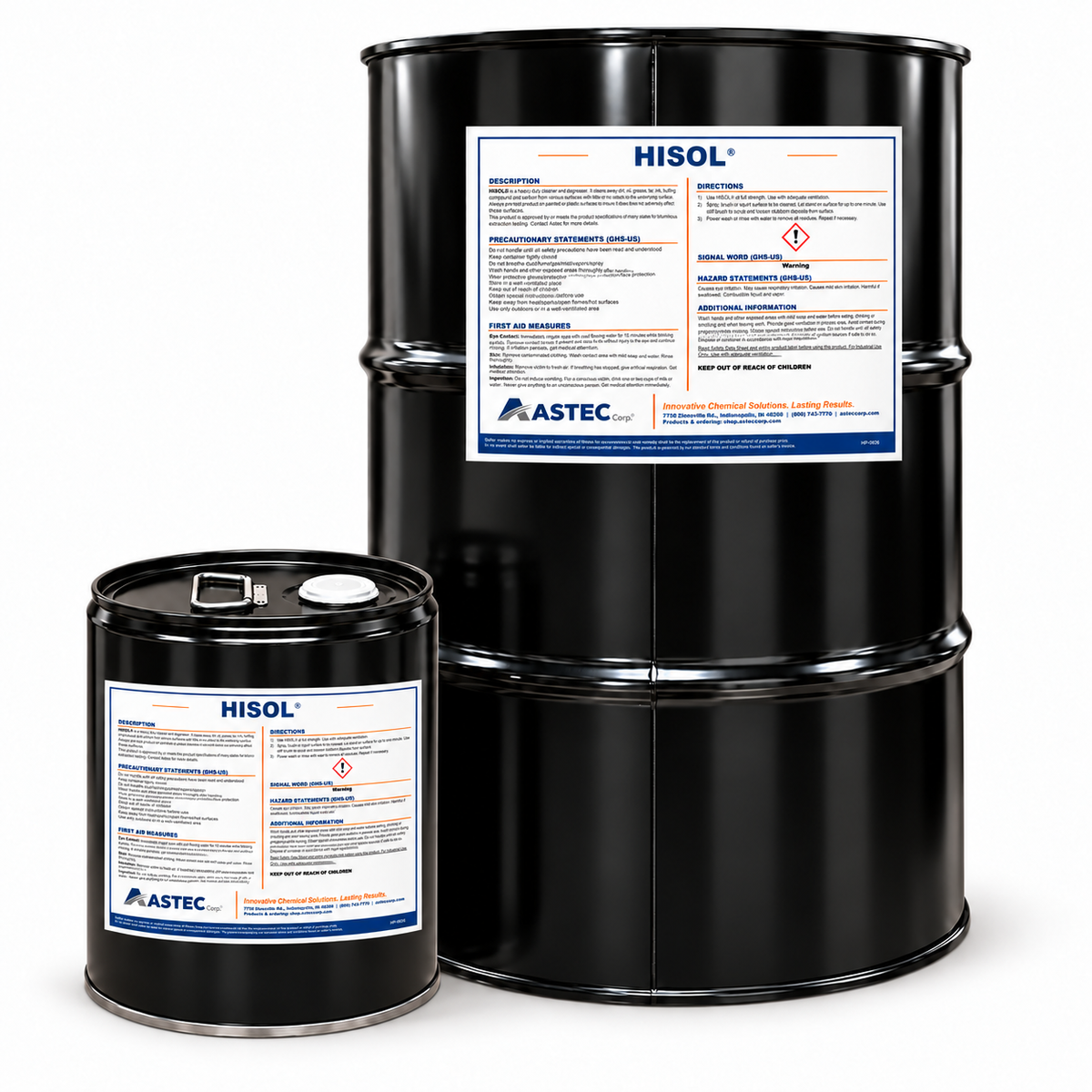 Astec HiSol® high-flash asphalt extraction solvent in 5-gallon steel pail and 55-gallon drum
