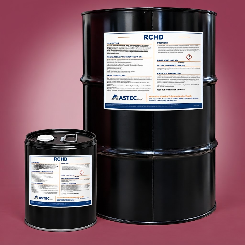 Astec RCHD Heavy-Duty Citrus Cleaner and Degreaser in 5-gallon steel pail and 55-gallon drum
