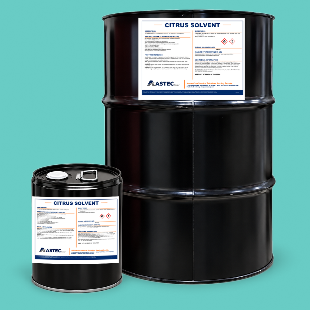 Astec Citrus Solvent high-solvency citrus cleaner and degreaser in 5-gallon steel pail and 55-gallon drum