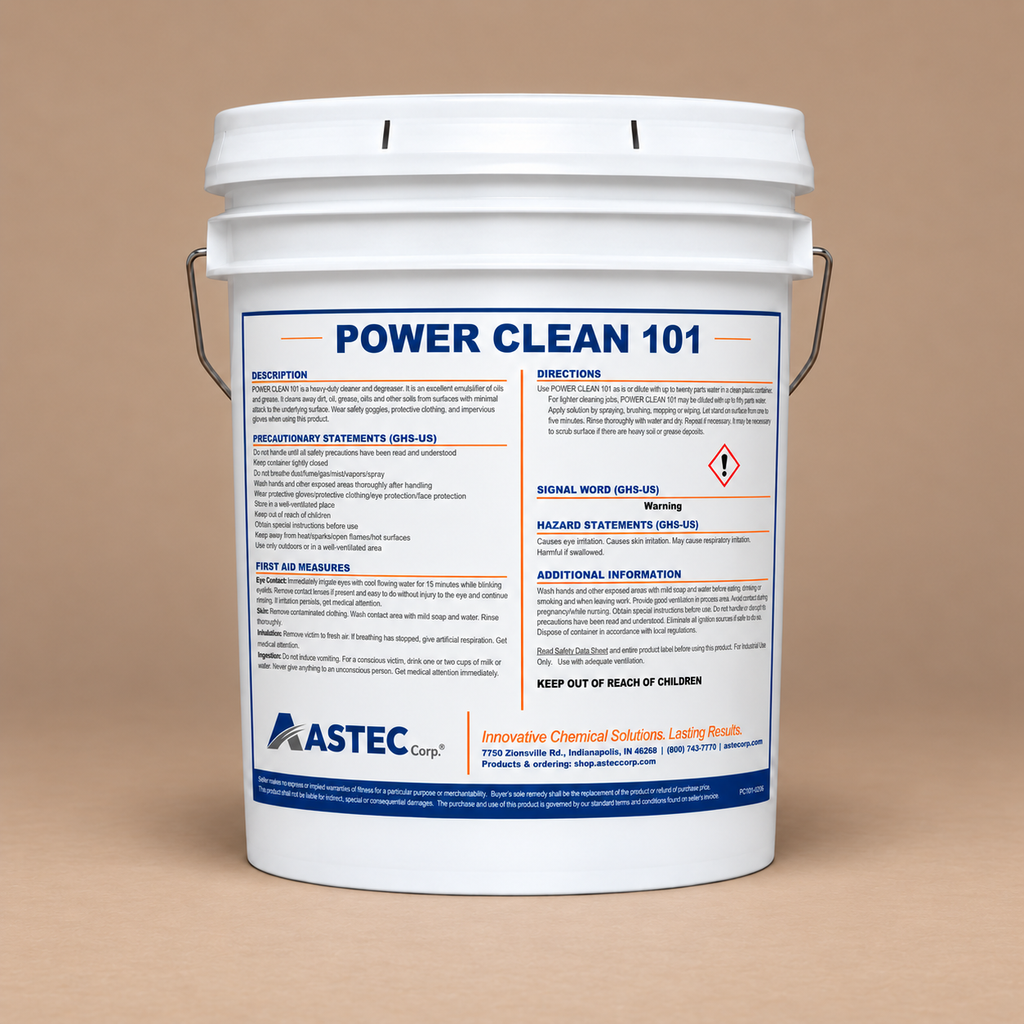 Astec Power Clean 101 heavy-duty alkaline cleaner and degreaser in 5-gallon pail