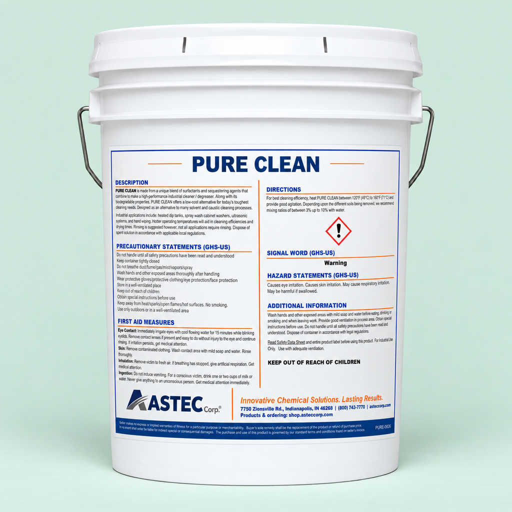 Astec Pure Clean low-foam parts and process cleaner in 5-gallon pail