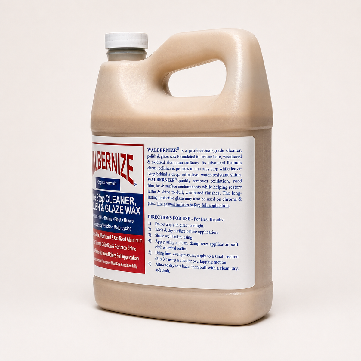 Walbernize Cleaner, Polish & Glaze Wax 1/2 gallon bottle showing side label and product information