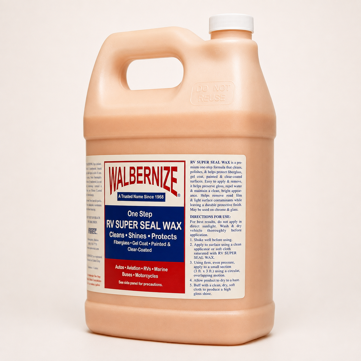 Walbernize RV Super Seal Wax 1-gallon bottle showing side label and product information