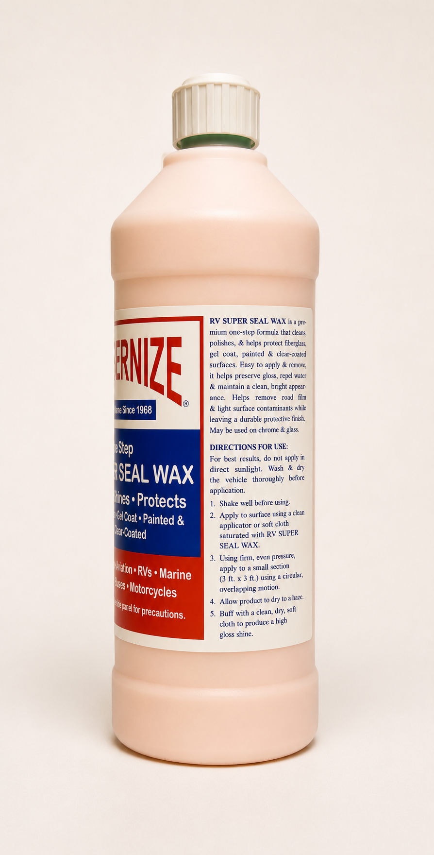 Walbernize RV Super Seal Wax 1-quart bottle showing side label and product information