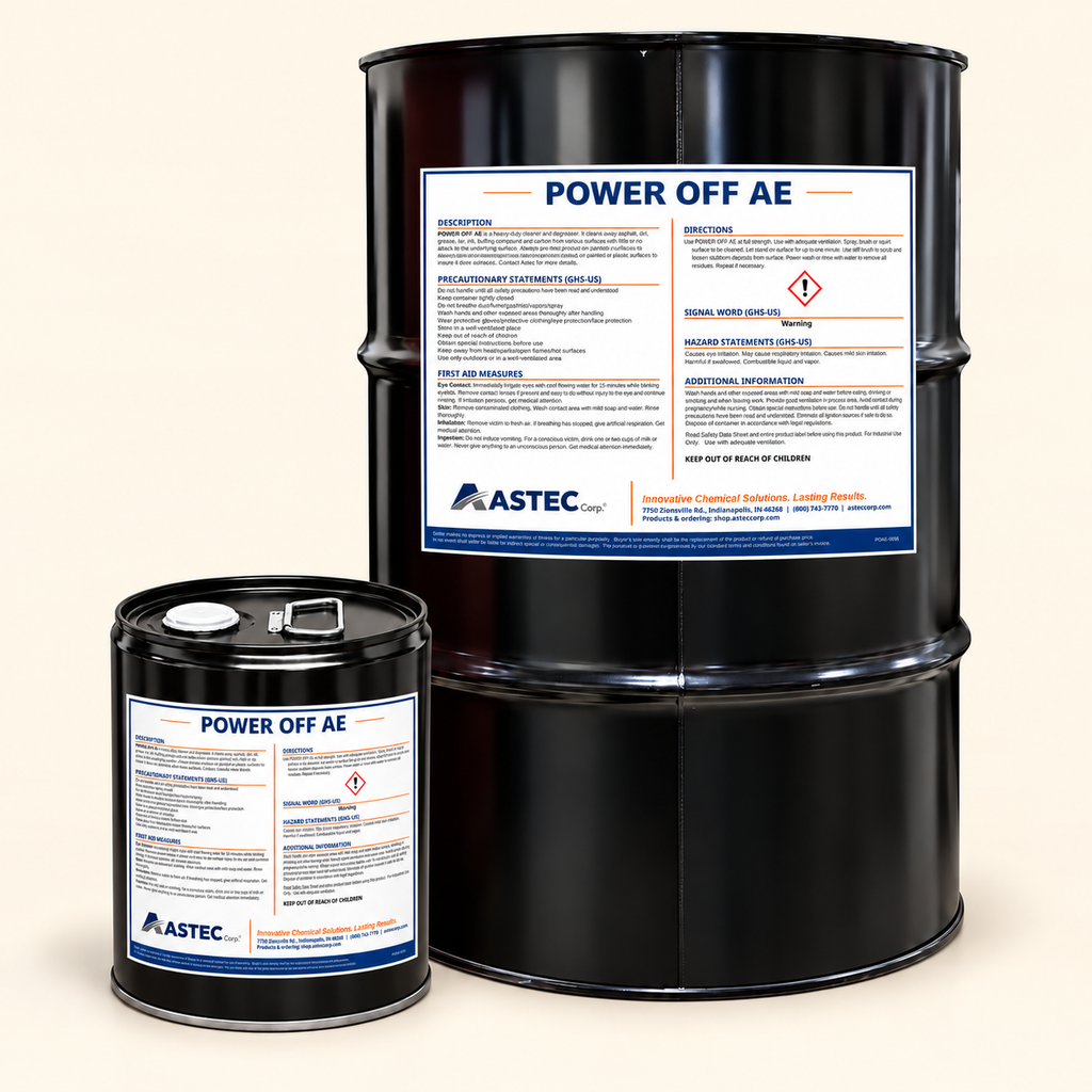 Astec Power Off AE asphalt and petroleum residue cleaner in 5-gallon steel pail and 55-gallon drum
