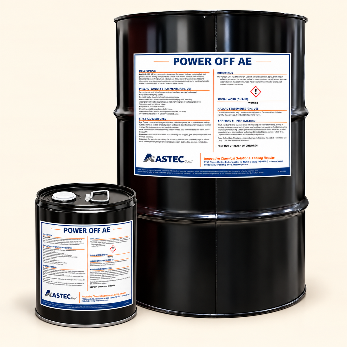 Astec Power Off AE asphalt and petroleum residue cleaner in 5-gallon steel pail and 55-gallon drum