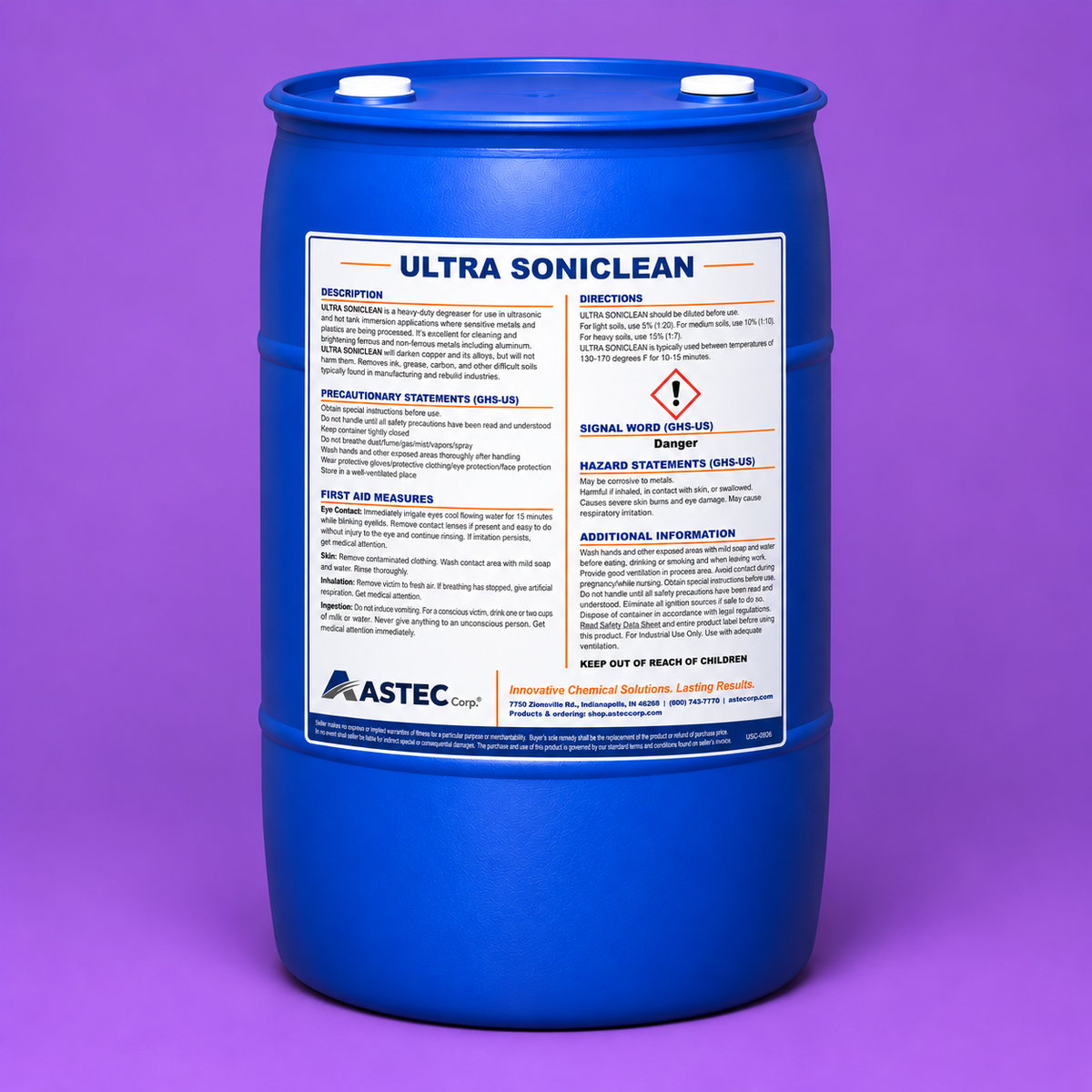 Astec Ultra Soniclean concentrated ultrasonic parts washer cleaner and degreaser in 55-gallon plastic drum
