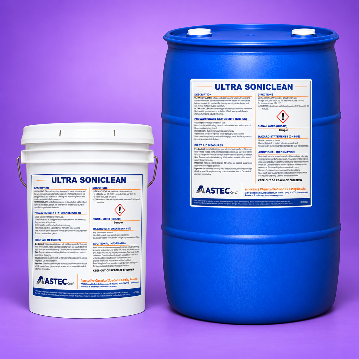 Astec Ultra Soniclean concentrated ultrasonic parts washer cleaner and degreaser in 5-gallon plastic pail and 55-gallon plastic drum