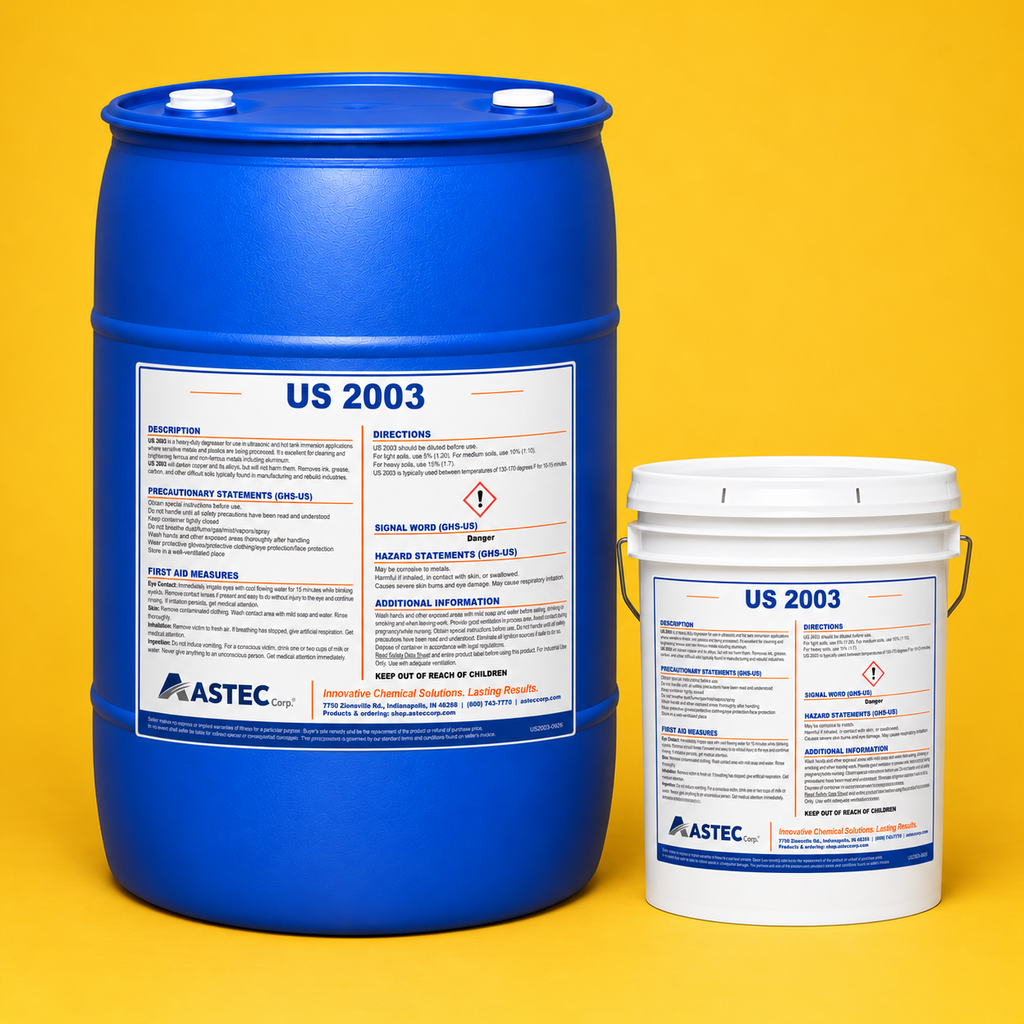 Astec US 2003 heavy-duty parts and metal cleaner and degreaser in 5-gallon pail and 55-gallon drum
